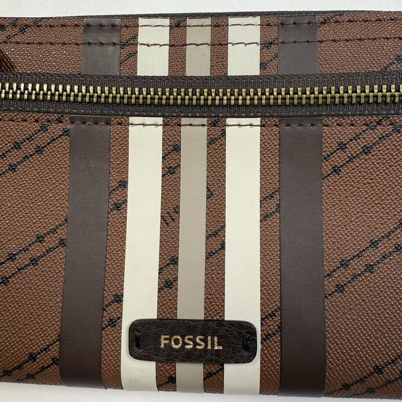 Fossil Logan RFID Stripe Zip Around Wallet Full Size Brown Black Logo Neutral - Picture 3 of 13
